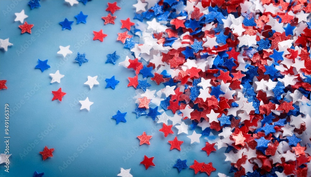 Red white and blue star confetti background with a shallow depth of field