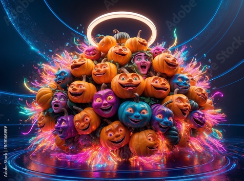 Playful smiling pumpkins. They play fun games in scenes suspended in the air. photo