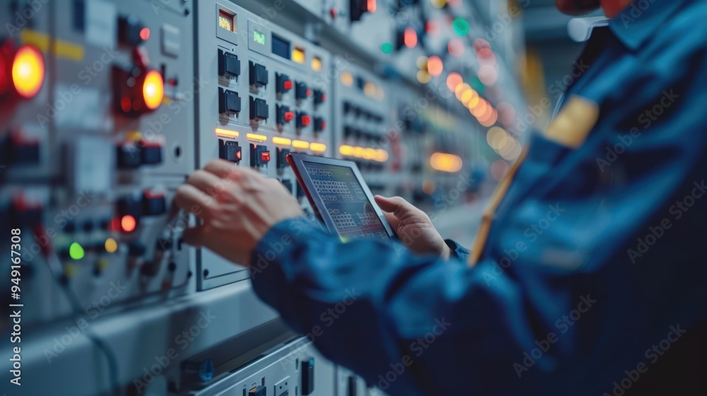 Electrician using tablet to inspect fuses in switchboard Electrician using tablet to inspect fuses in switchboard