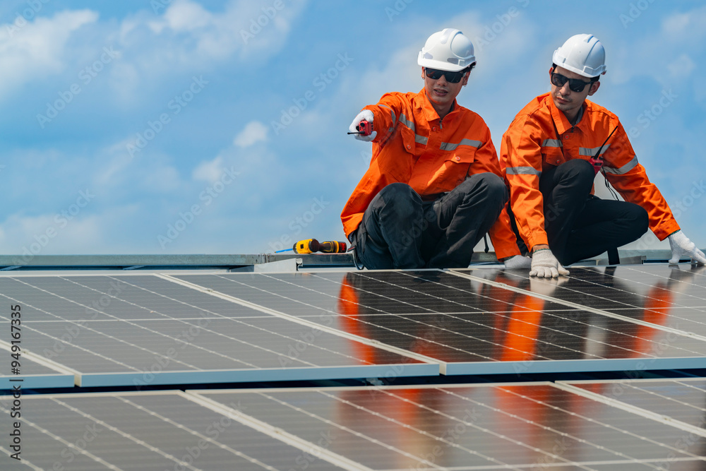 Worker Technicians are working to construct solar panels system on roof. Installing solar photovoltaic panel system. Men technicians walking on roof structure to check photovoltaic solar modules. Worker Technicians are working to construct solar panels system on roof. Installing solar photovoltaic panel system. Men technicians walking on roof structure to check photovoltaic solar modules.