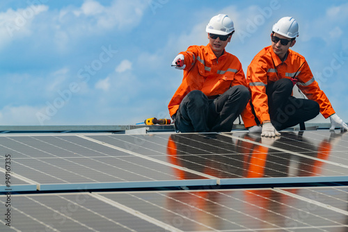 Wallpaper Mural Worker Technicians are working to construct solar panels system on roof. Installing solar photovoltaic panel system. Men technicians walking on roof structure to check photovoltaic solar modules. Torontodigital.ca