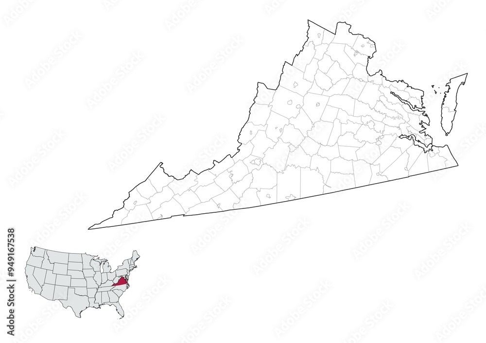 Counties Map of Virginia State, USA