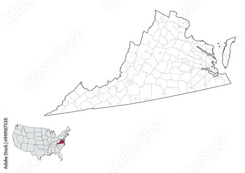 Obraz na płótnie Counties Map of Virginia State, USA w salonie