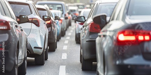 a long line of cars stuck in a traffic jam, with drivers looking exasperated and horns blaring