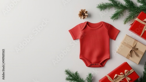 Festive baby onesie, wrapped gifts and holiday decor, Christmas mockup, 3D illustration