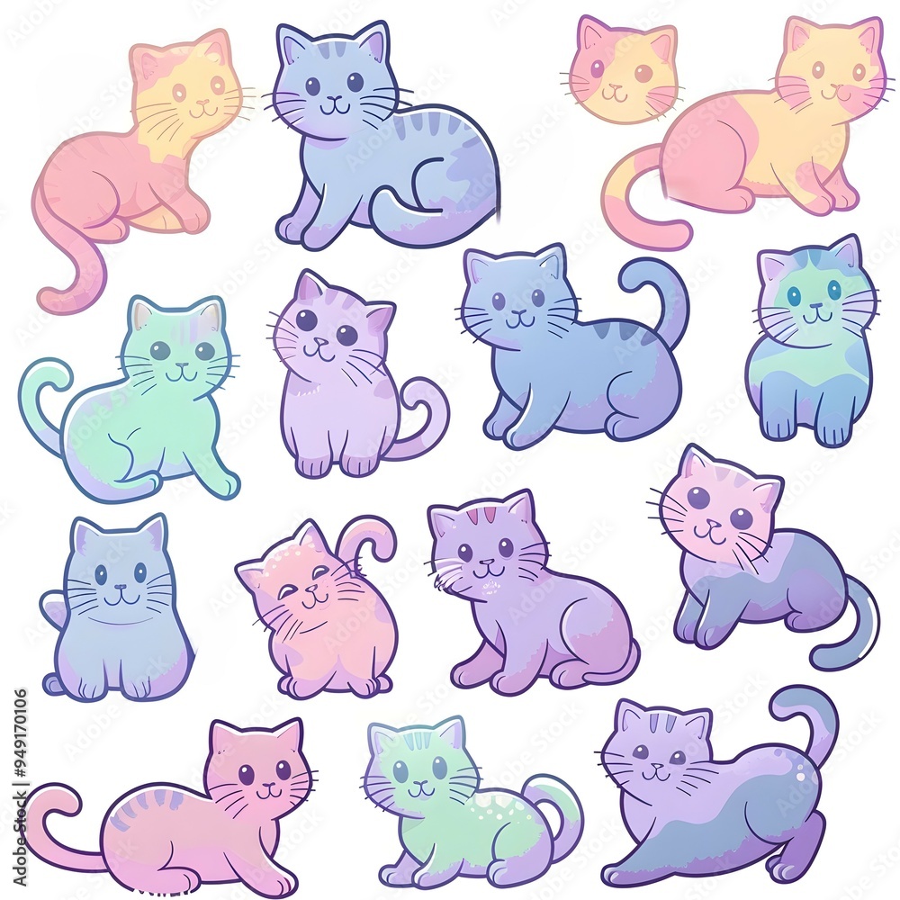 Obraz premium set icon of cute cat character poses scene in pastel colors, white background, vector art illustration 