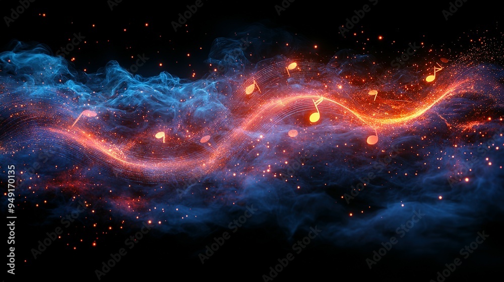 Abstract Red and Blue Music Notes with Smoke and Sparks Abstract Red and Blue Music Notes with Smoke and Sparks