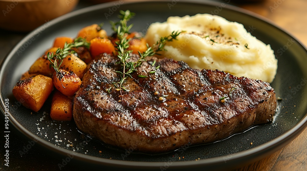 Grilled Steak with Mashed Potatoes and Roasted Vegetables Grilled Steak with Mashed Potatoes and Roasted Vegetables
