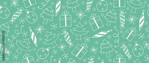 Merry Christmas, Happy New Year, seamless background. Christmas doodle illustration on green background.