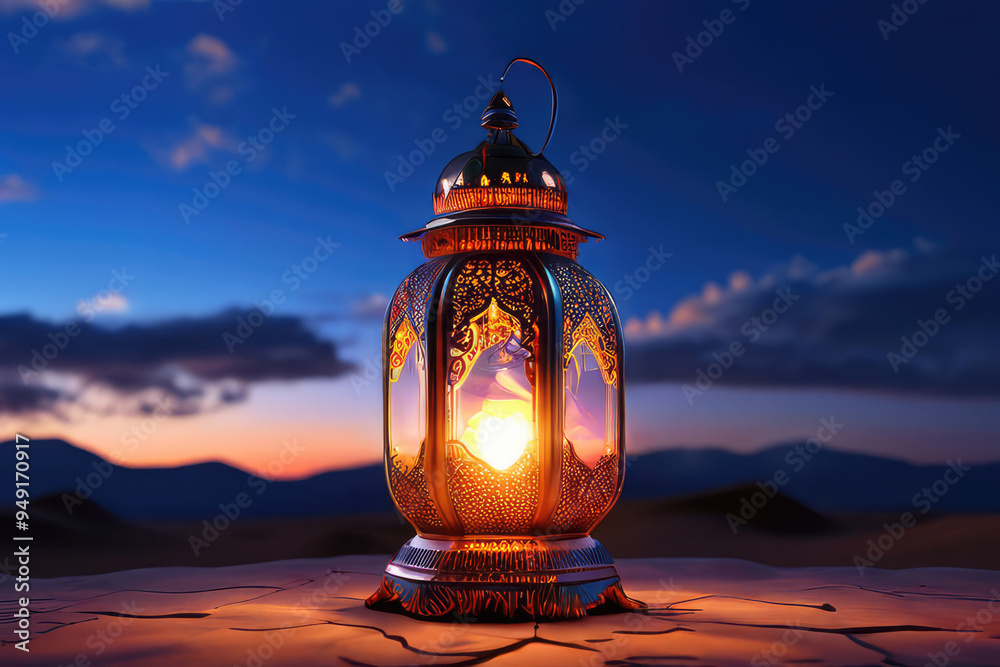 Ornamental lantern with burning candle on evening sky background. Ornamental lantern with burning candle on evening sky background.