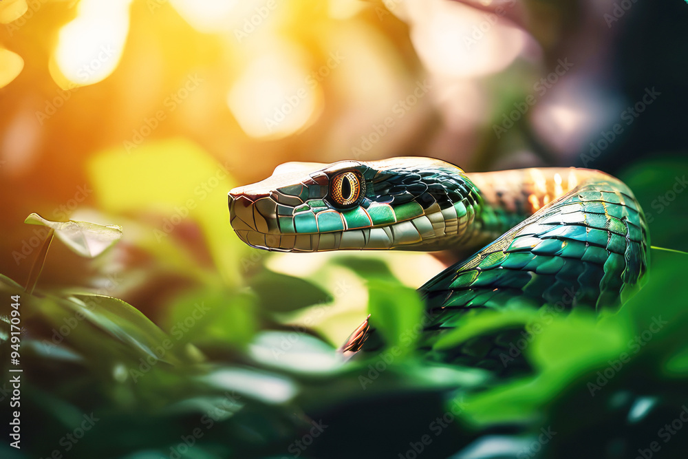 Green snake reptile luminous in soft lighting. Green snake reptile luminous in soft lighting.