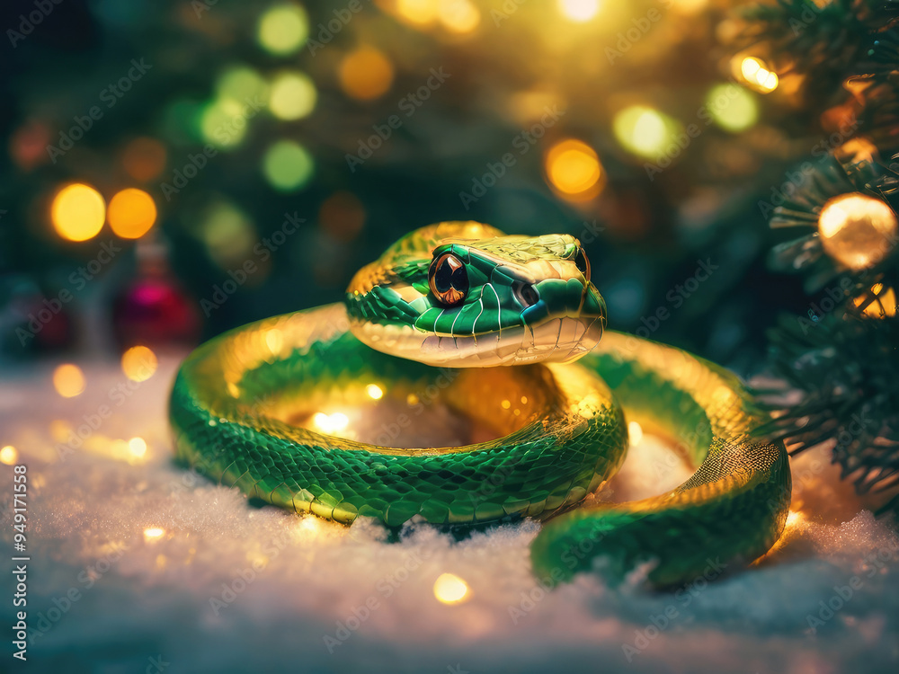 Fototapeta premium Green snake reptile on snow-covered pine branches.