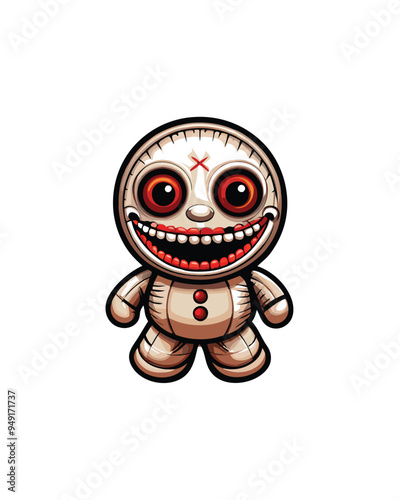 A small, doll-like creature with oversized sewn eyes and a wide, toothy grin.