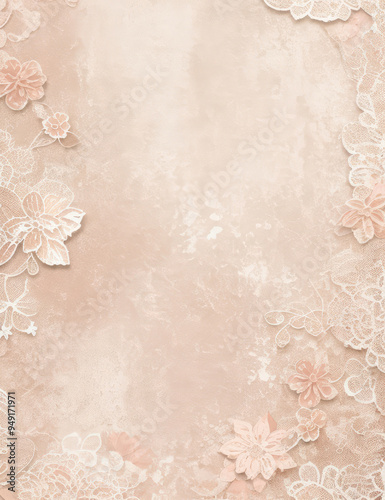 Old paper background. Vintage paper texture soft lace overlay.