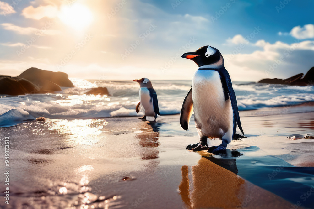 Obraz premium Penguins on a sandy beach.