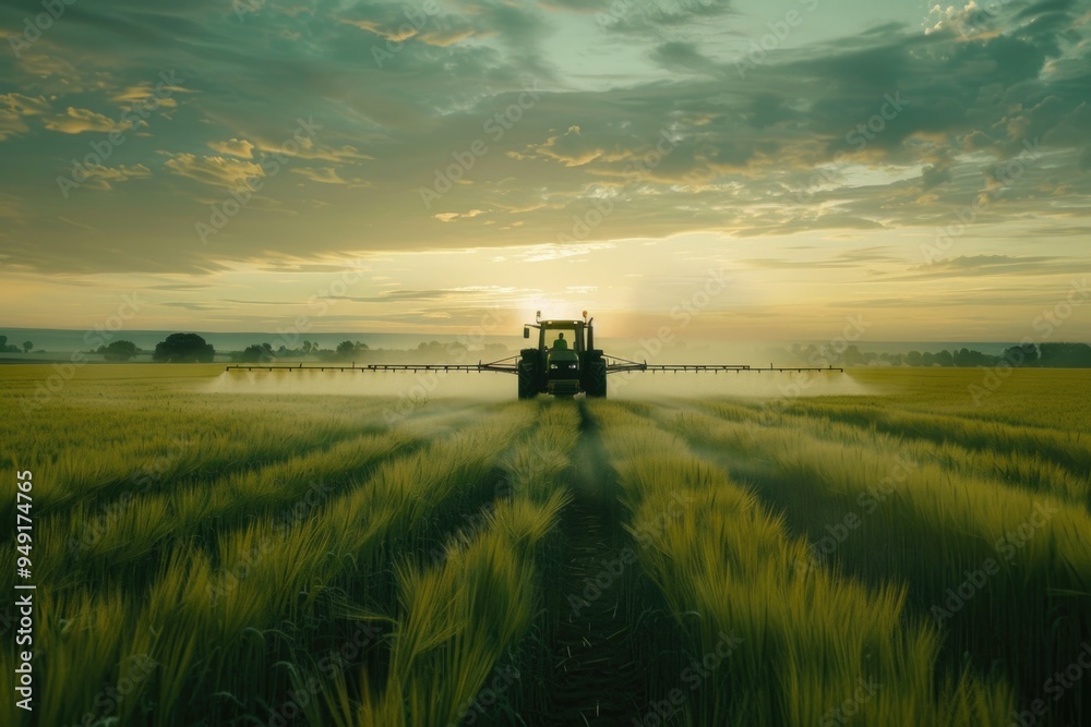 Fototapeta premium Agricultural scene with tractor spraying wheat field at sunset