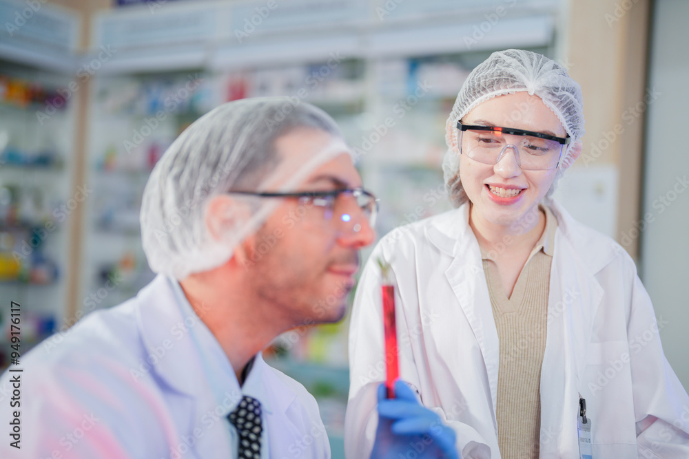 scientists perform experiments and record data. people arranges equipment with test tubes and chemicals for producing medicine and biochemistry. man hold tubes of chemical liquids and plant samples.