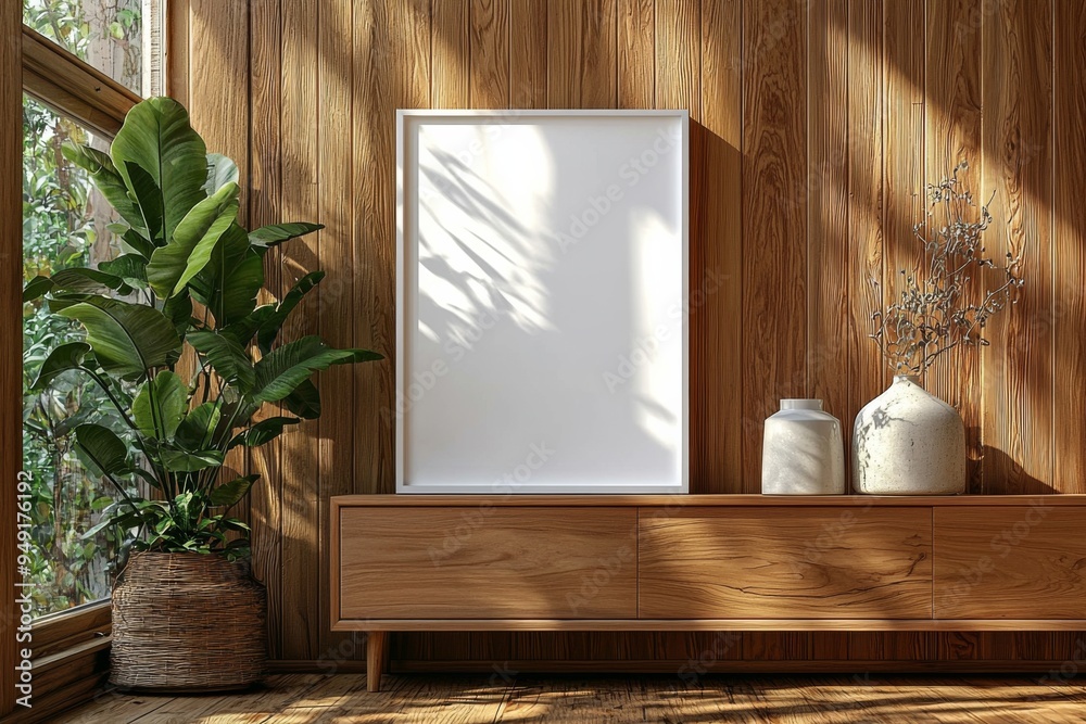 Poster Frame Mockup on Wooden Interior Background created with Generative AI
