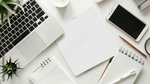 Fototapeta Naklejka Na Ścianę i Meble -  office desk mockup top view desk with copy space modern minimal workspace