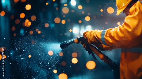 Worker blasting away grime with water jet, futuristic factory, holographic safety indicators, neon highlights, cyberpunk aesthetic, sharp focus photo