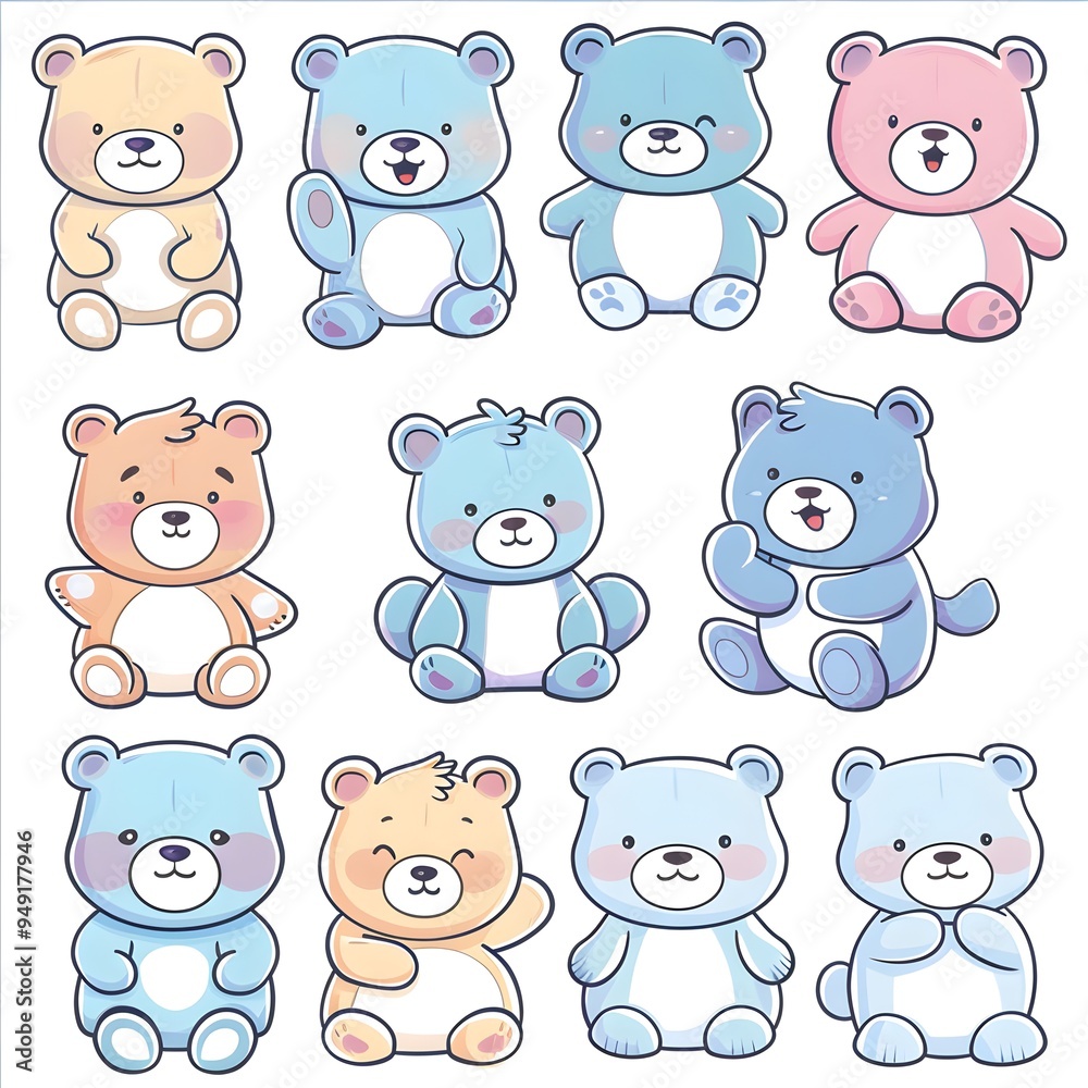 Obraz premium set icon of cute Bear teddy character poses scene in pastel colors, white background, vector art illustration