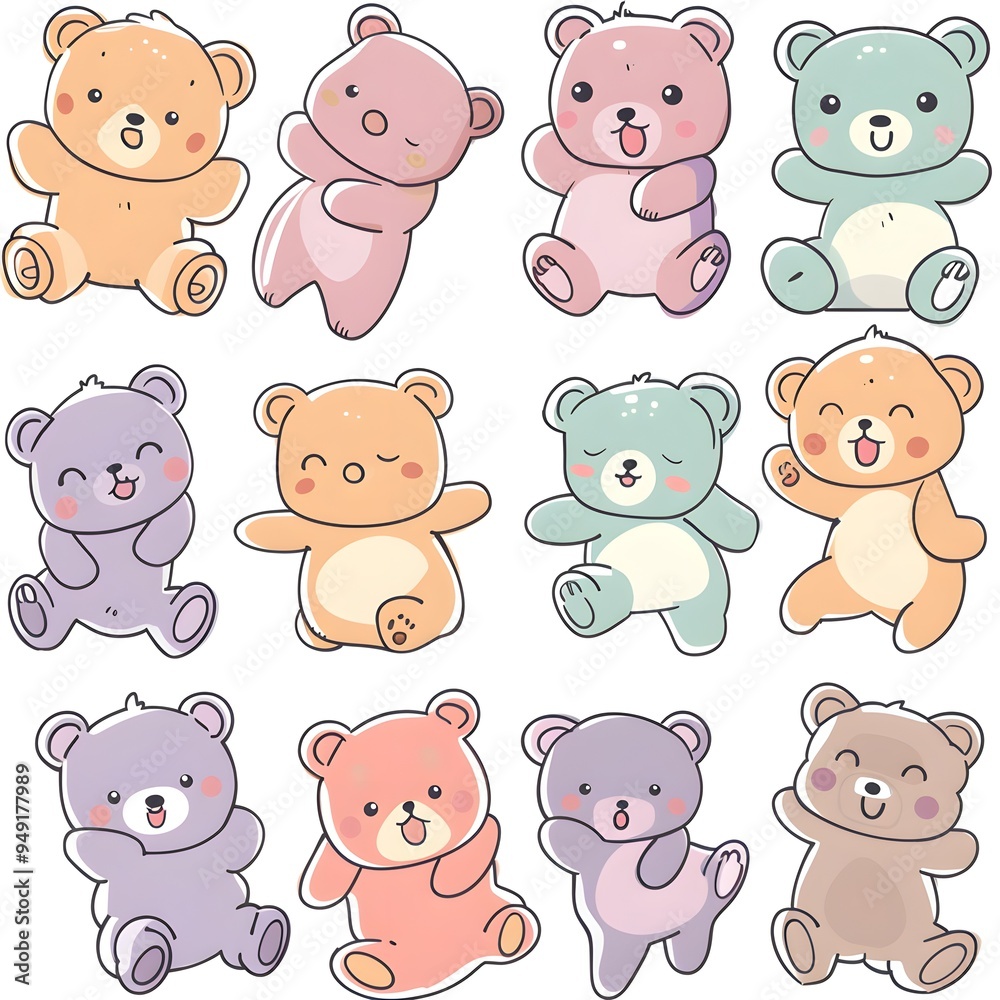 Obraz premium set icon of cute Bear teddy character poses scene in pastel colors, white background, vector art illustration