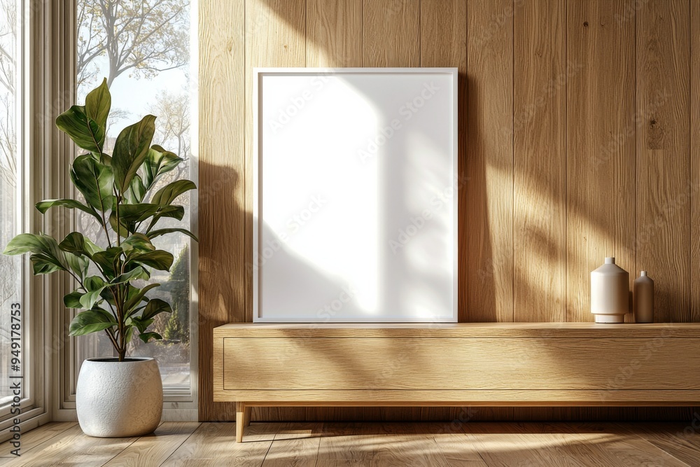Poster Frame Mockup on Wooden Interior Background created with Generative AI