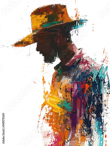 Colorful background with a silhouette of a man in a hat.