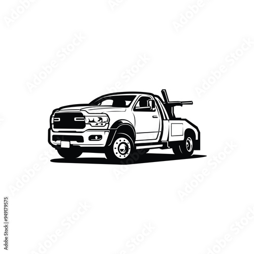 Towing truck monochrome sihouette vector illustration