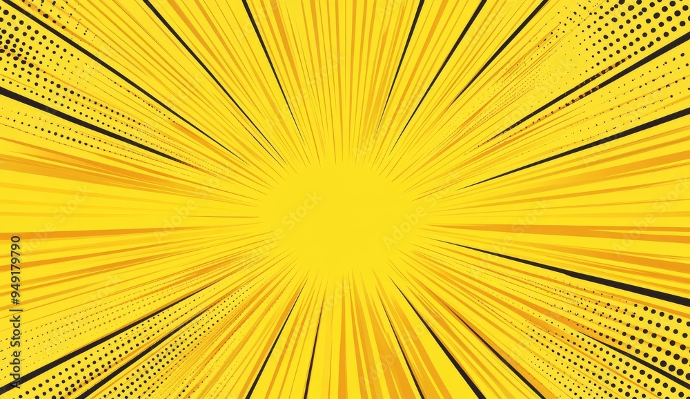 Obraz premium Yellow Comic Book Background with Radial Lines and Halftone Dots