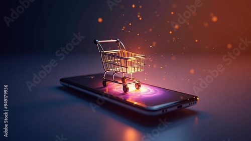 Future of Shopping Smartphone , A futuristic shopping concept captured in this image. A smartphone displays a shopping app while a small illuminated purple shopping cart rests atop a smartphone.