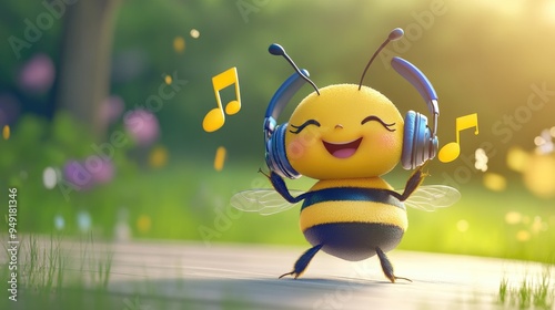 Wallpaper Mural Cute cartoon bee with headphones, dancing to music with a happy expression. Torontodigital.ca