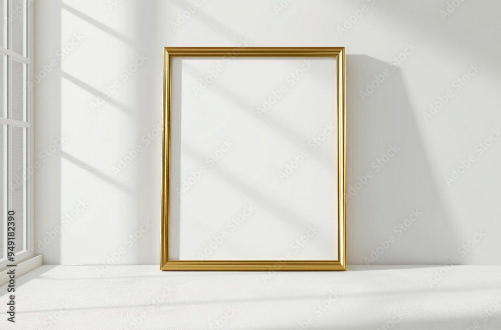 Golden mock up poster frame on the wall Golden mock up poster frame on the wall