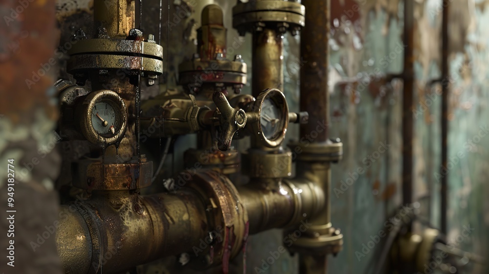 Rusty Industrial Pipes and Gauges in an Abandoned Factory Rusty Industrial Pipes and Gauges in an Abandoned Factory