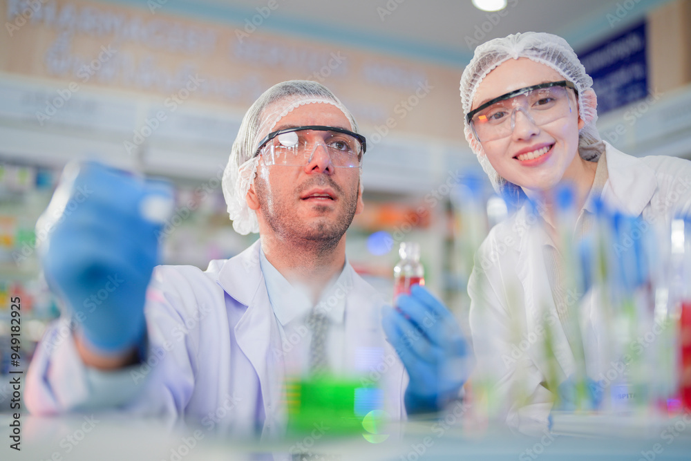 scientists perform experiments and record data. people arranges equipment with test tubes and chemicals for producing medicine and biochemistry. man hold tubes of chemical liquids and plant samples. scientists perform experiments and record data. people arranges equipment with test tubes and chemicals for producing medicine and biochemistry. man hold tubes of chemical liquids and plant samples.