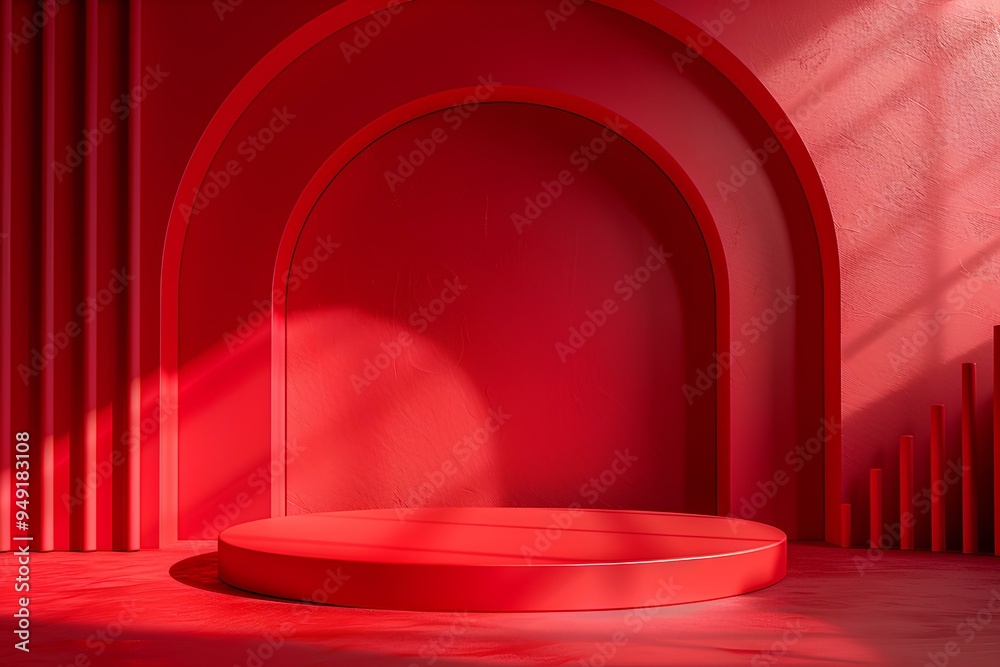 A red room with a round platform in the middle A red room with a round platform in the middle
