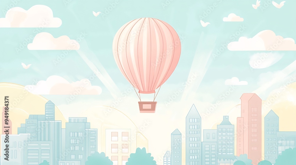 Whimsical illustration of a hot air balloon rising over a cityscape with pastel colors and delicate lines Whimsical illustration of a hot air balloon rising over a cityscape with pastel colors and delicate lines