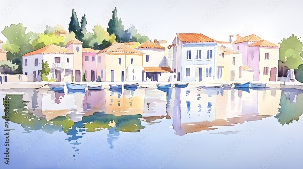 Obraz premium Coastal village bathed in golden dawn light, vibrant houses reflecting in the water, blending watercolor and oil painting textures