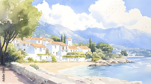 Vibrant coastal village, bright houses, golden beach, captured in a stunning combination of watercolor and oil painting, showcasing serene beauty