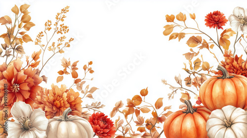 Watercolor autumn arrangement of pumpkins, fall flowers and leaves 