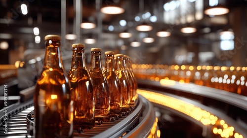 Beer bottles on a brewery conveyor belt, ready for packaging.