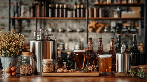 Homebrewing setup with equipment and ingredients, ready to make a new batch of beer. photo