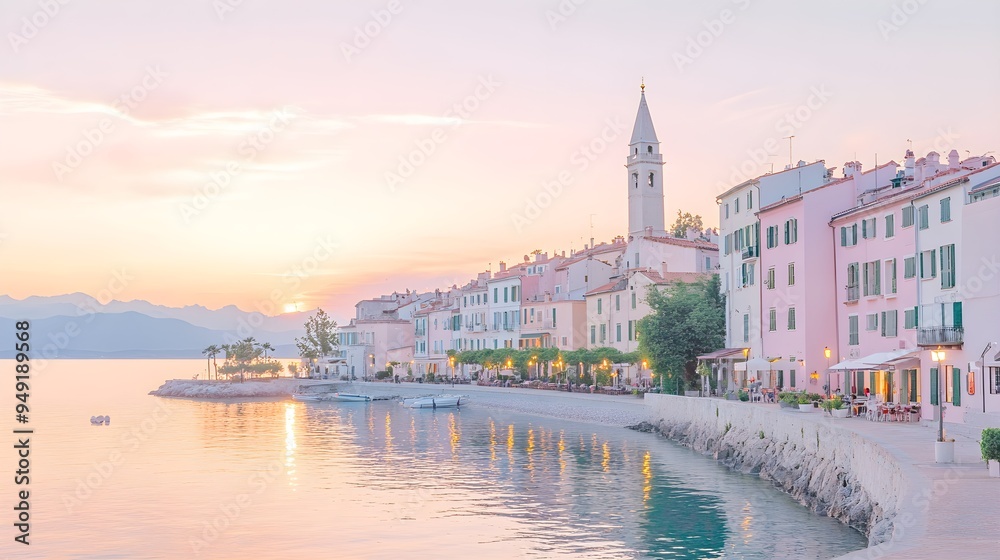 Fototapeta premium A peaceful coastal village with pastel-colored houses, the sun setting over gentle waves, warm light reflecting off the water