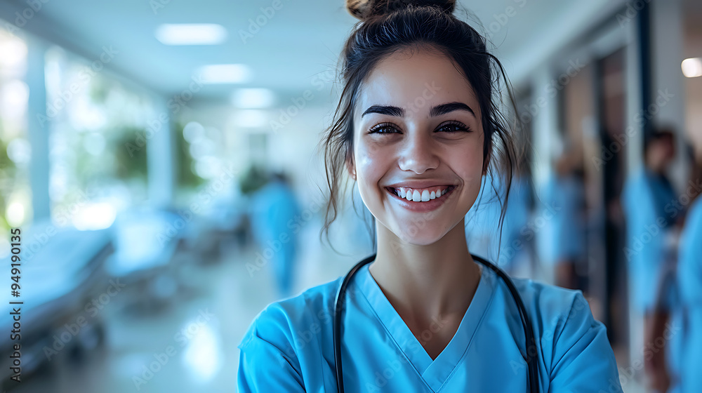 Smiling Young woman Nurse in Dimly Lit Hospital Corridor, health, healthcare, caretaker, doctor Smiling Young woman Nurse in Dimly Lit Hospital Corridor, health, healthcare, caretaker, doctor