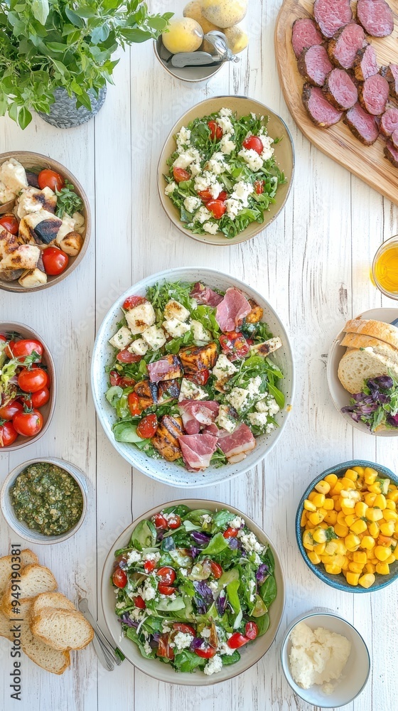 Fresh salads, cured meats, breads, and vibrant sides create a lively summer table for a delightful afternoon gathering with friends Fresh salads, cured meats, breads, and vibrant sides create a lively summer table for a delightful afternoon gathering with friends