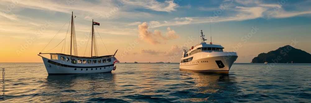 Two boats on the ocean at sunset, highlighting travel and leisure. Two boats on the ocean at sunset, highlighting travel and leisure.