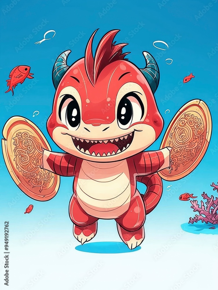 Fototapeta premium Happy Red Dragon Holding Golden Coins Underwater