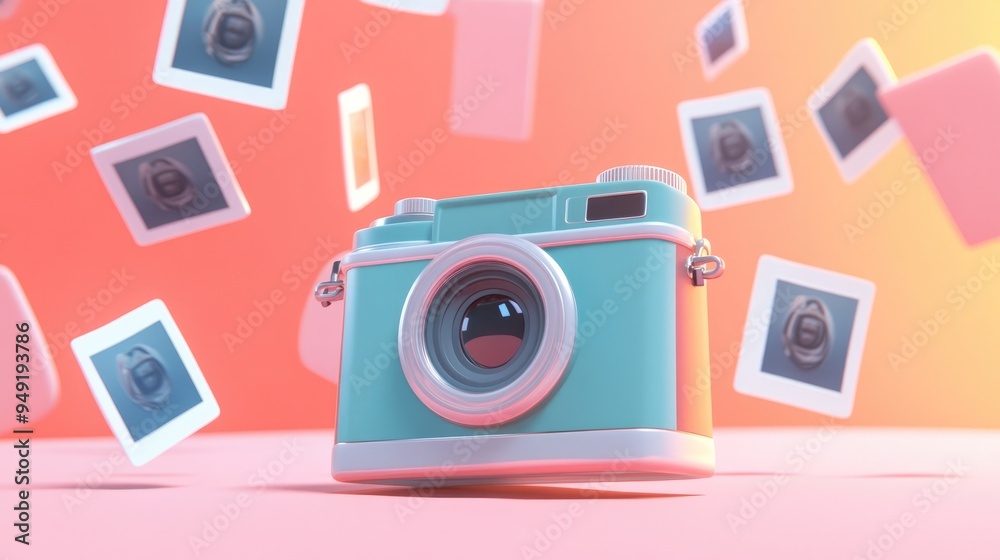 A smiling cartoon camera surrounded by floating polaroid pictures, creating a fun collage. A smiling cartoon camera surrounded by floating polaroid pictures, creating a fun collage.