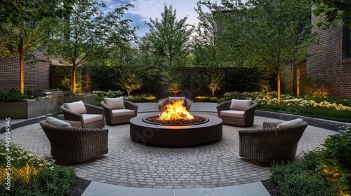 Wallpaper Mural A circular patio area with comfortable chairs arranged around a central fire pit. Torontodigital.ca