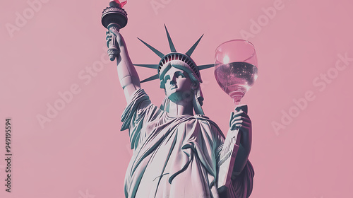 Statue of Liberty with wine glasses.